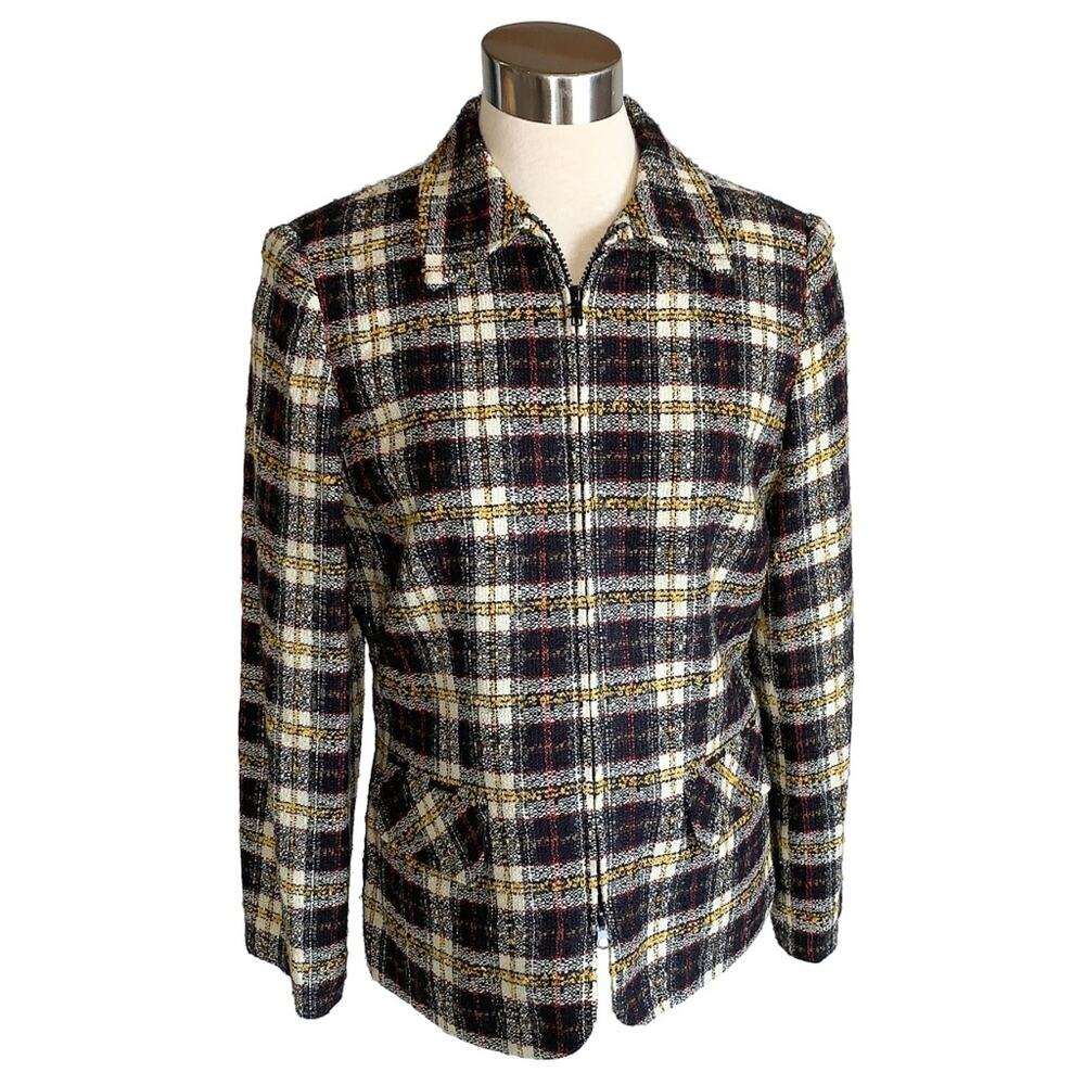 🌶️ Sag Harbor Black Red Mustard Plaid Tweed Jacket Size 10